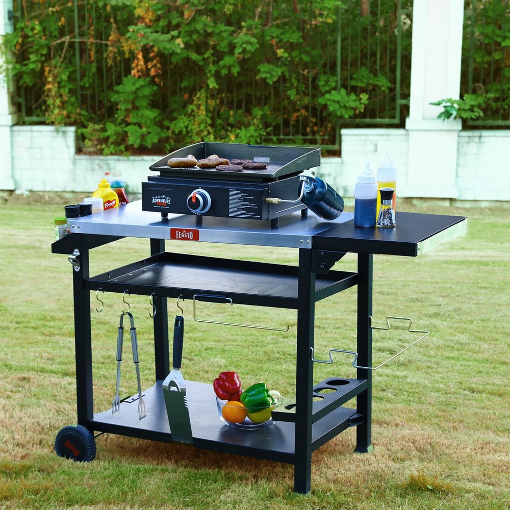 Feasto 3-Shelf Grill Table for Outside, Movable Prep Table Cooking Station