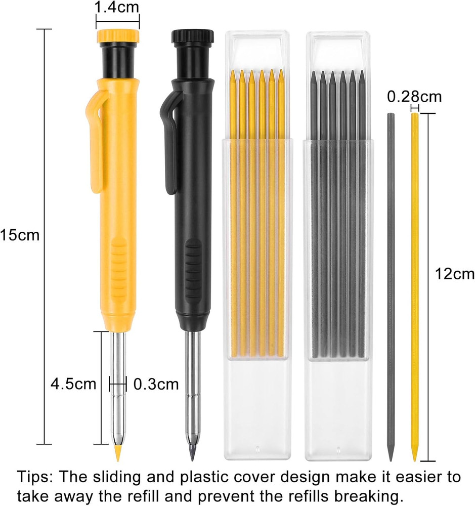 2 Pack Carpenter Pencils Construction Pencil with 12 Refills, Mechanical Carpent