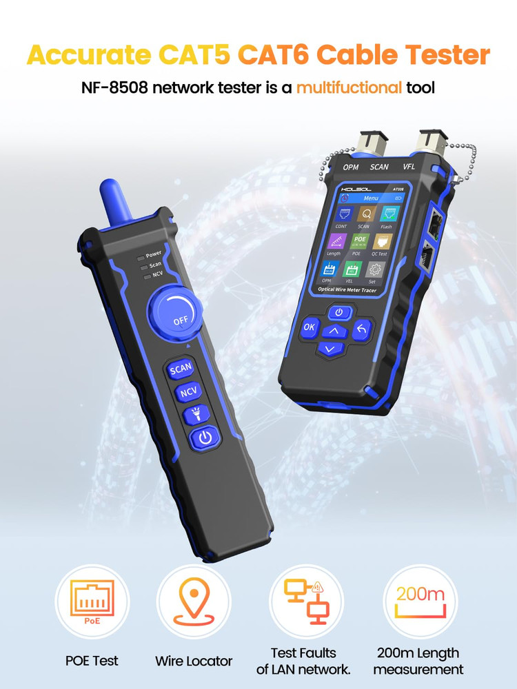 Network Cable Tester with Optical Power Meter, CAT5 CAT6 Ethernet Tester with Vi