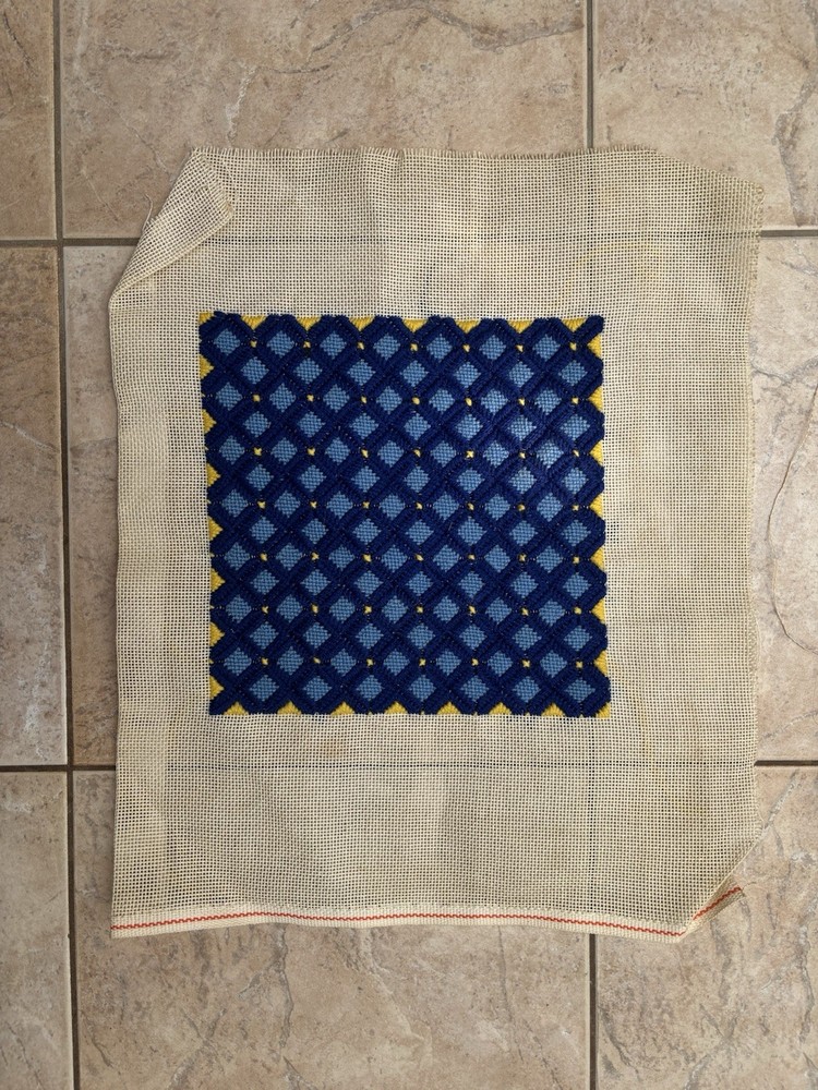 Finished Wool Needlepoint on Canvas: Blue & Yellow Geometric