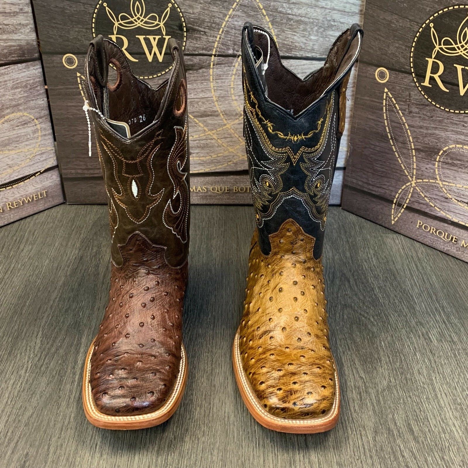 Men's Ostrich Quill Leather Western Cowboy Boots Square Toe