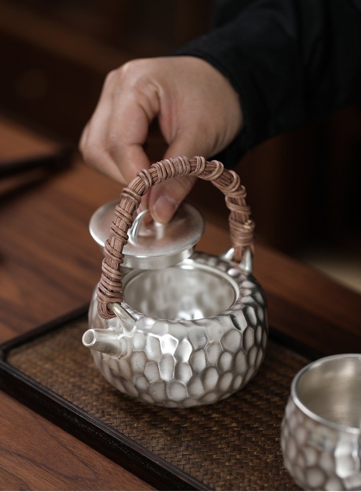 KungFu Tea Set 999 Sterling Silver Pot Cup Ceramic Hammer Pattern Portable Set