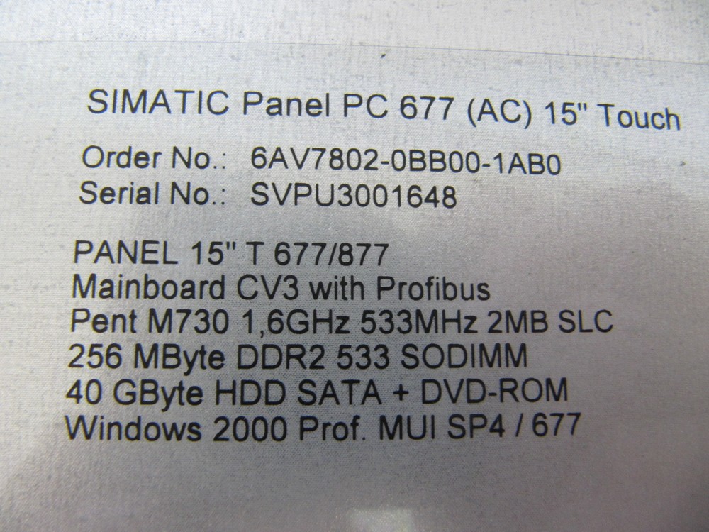 Siemens Simatic Panel PC 677 15" Touch 6AV7802-0BB00-1AB0