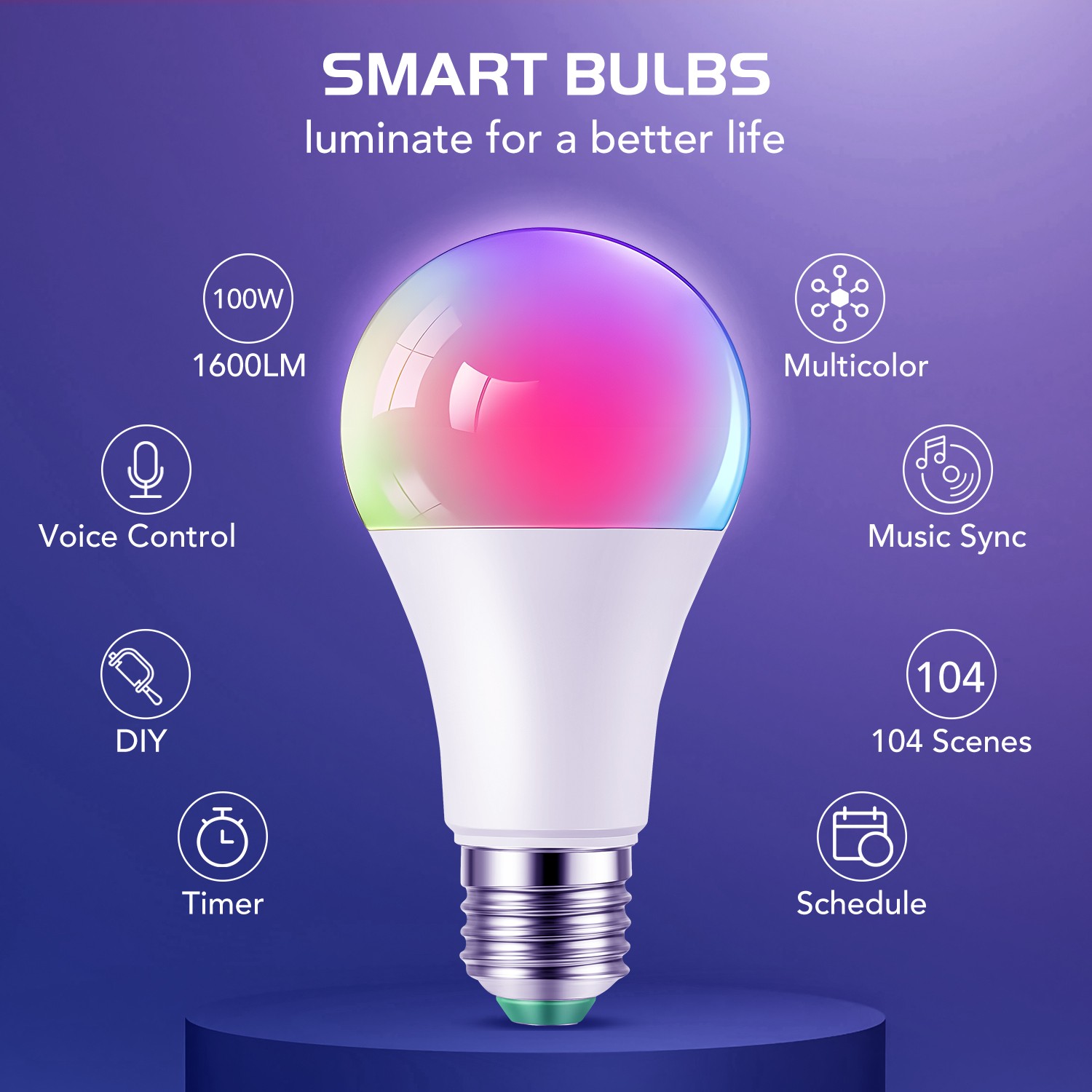 Dual Bulb: Smart (2 9W 806LM, w/ E26, Pack) Alexa/Google BT & Mode, WiFi RGBCW,
