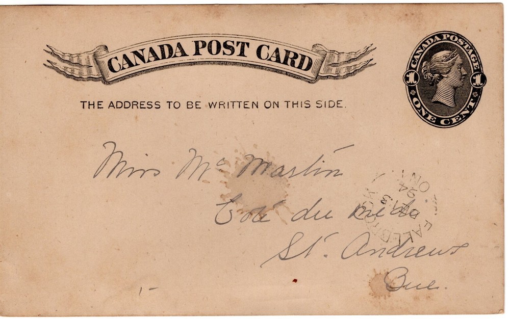 Canada Postal Card 1894 With 1c Postage, Fallbrook Ontario Postmark