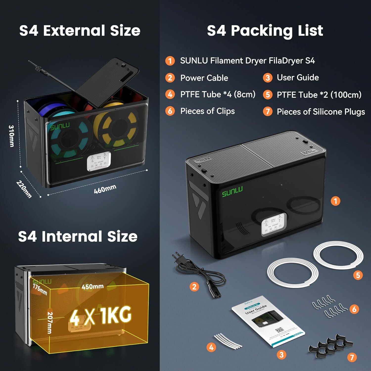 SUNLU S4 Filament Dryer Box,4 Spools Capacity,Black Weight 4.8KG,FilaDryer S4