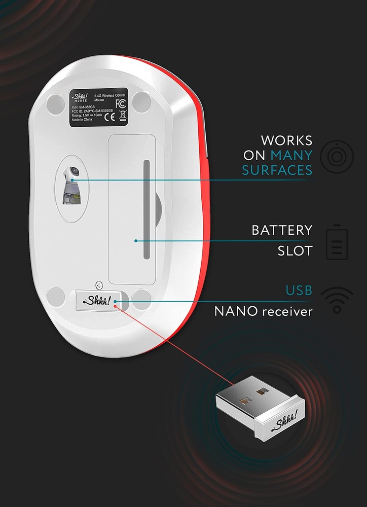 SHHHMOUSE – Wireless Silent Optical Mouse with USB Receiver and White/Red