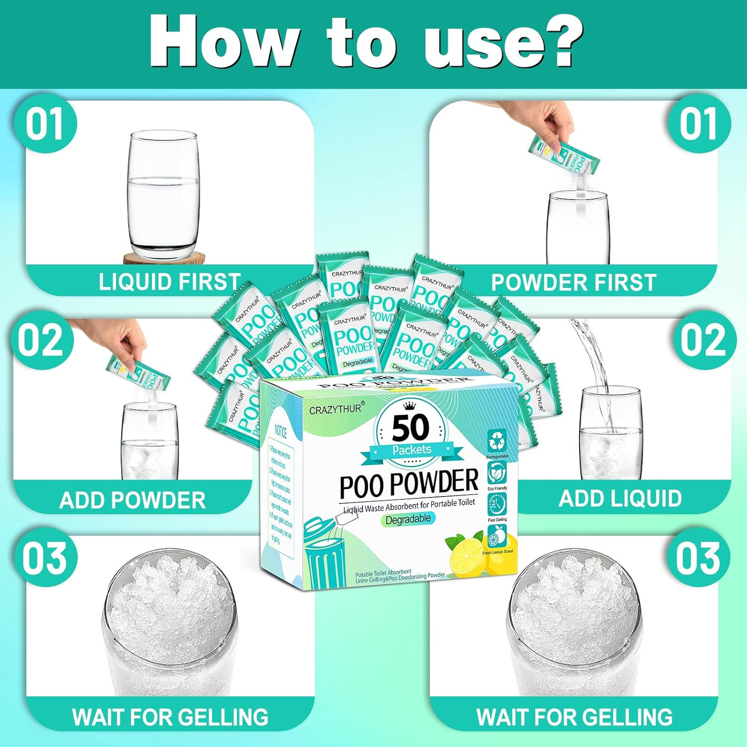 Portableportable Toilet Gel, Poo Powder for Portable Toilet, Camping Toilet Gel,