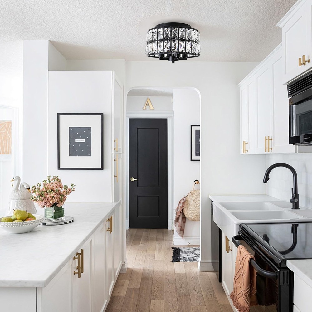 Black Crystal Flush Mount Ceiling Light, 4 Lights Black Dining Room Light Fix...