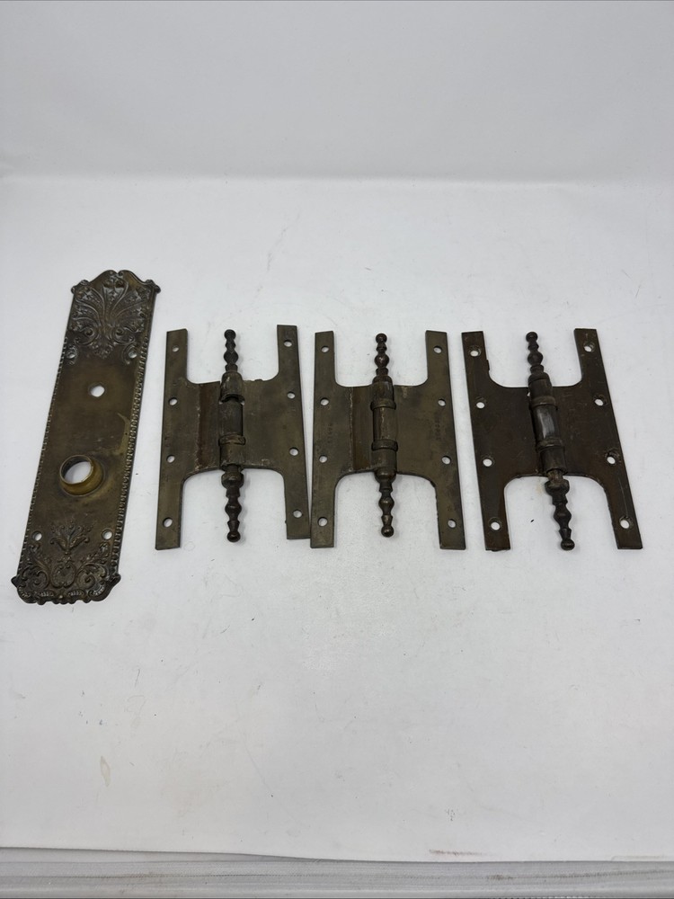 Antique Hardware 3 Hinges  and a door plate. c1908