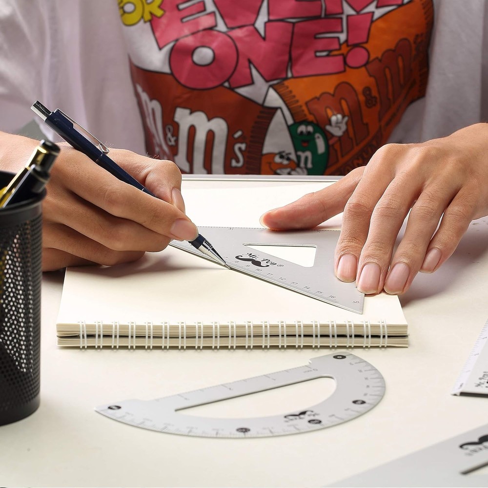Metal Geometry Kit - 4Pack Set Square, Protractor, Aluminum Ruler, Drafting Tria