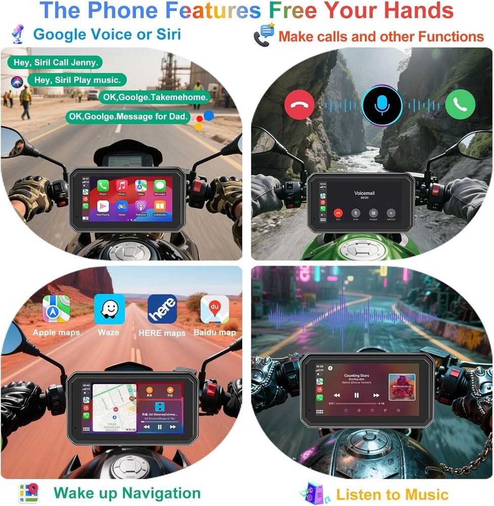 5.99" Motorcycle Navigation GPS Touch Screen Wireless CarPlay Android Auto +Cam