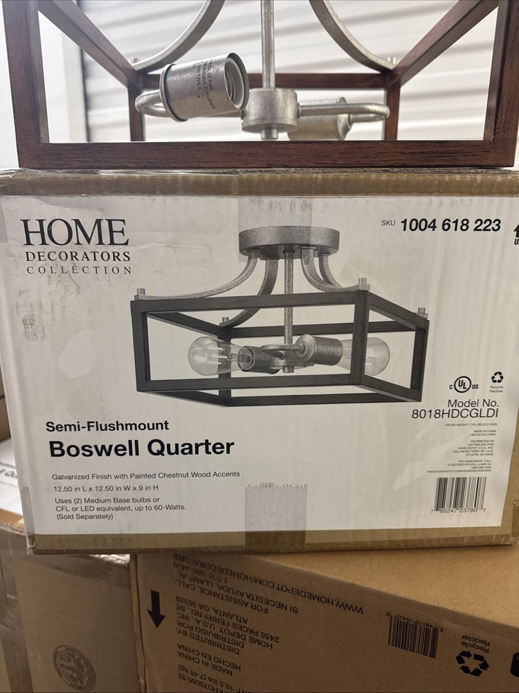 Semi Flushmount Light, Galvanized Finish, Painted Chestnut Accents