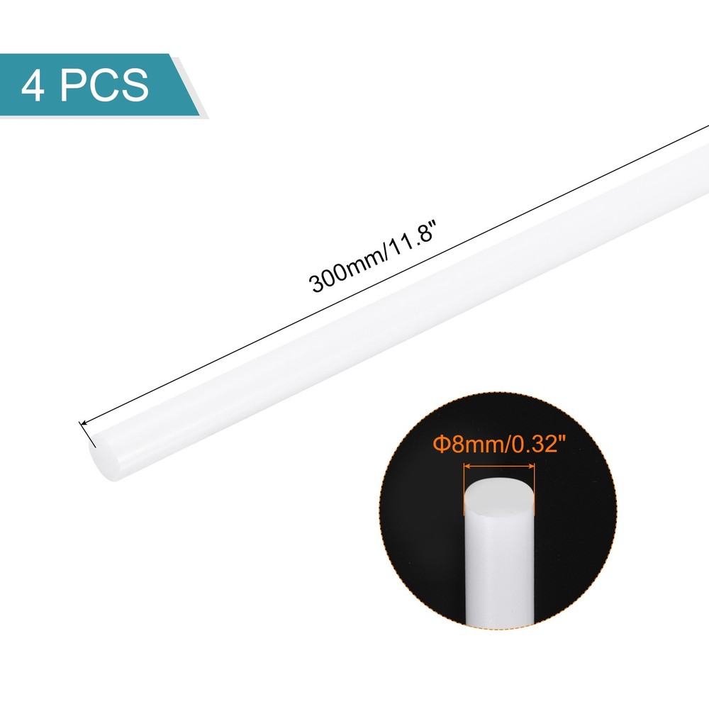 4Pcs ABS Plastic Rods, Diameter 8mm Length 300mm White Stick Solid Bar
