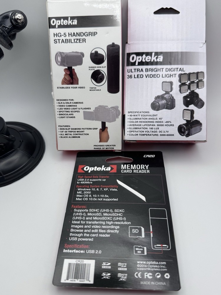 Opteka Camera Accessory Lot -LED Light , Suction Mount, Stabilizer, Card Reader