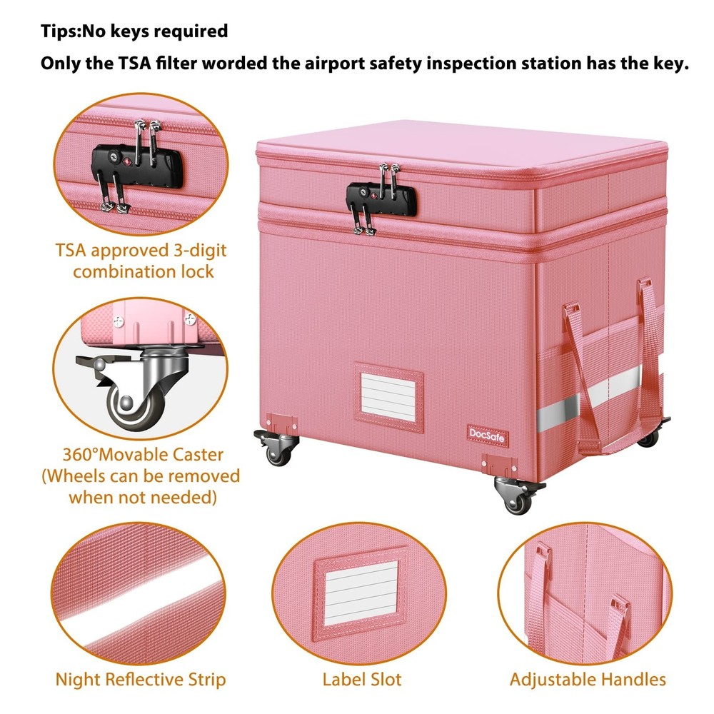 DocSafe File Box with Lock,2-Layer Fireproof Document Box with Wheels,Collaps...