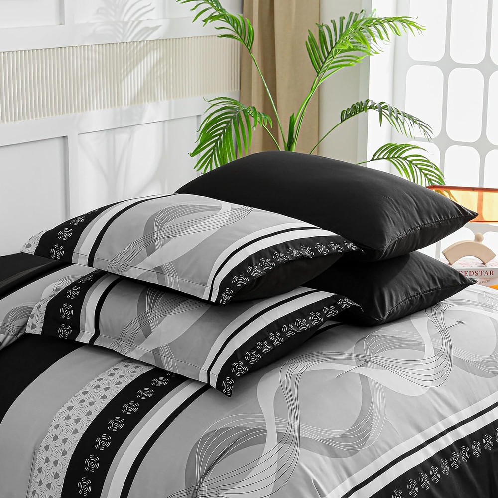Queen King 8-Pc Boho Comforter Set - Patchwork Striped Microfiber Bed in a Bag