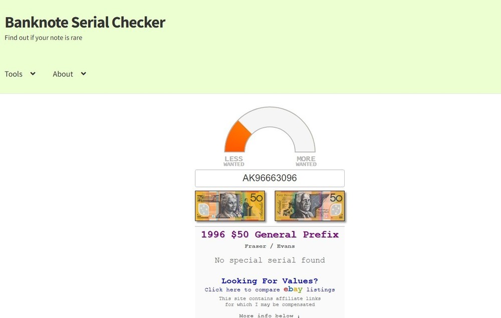 1996 $50 General Prefix Fraser Evan AK96663096