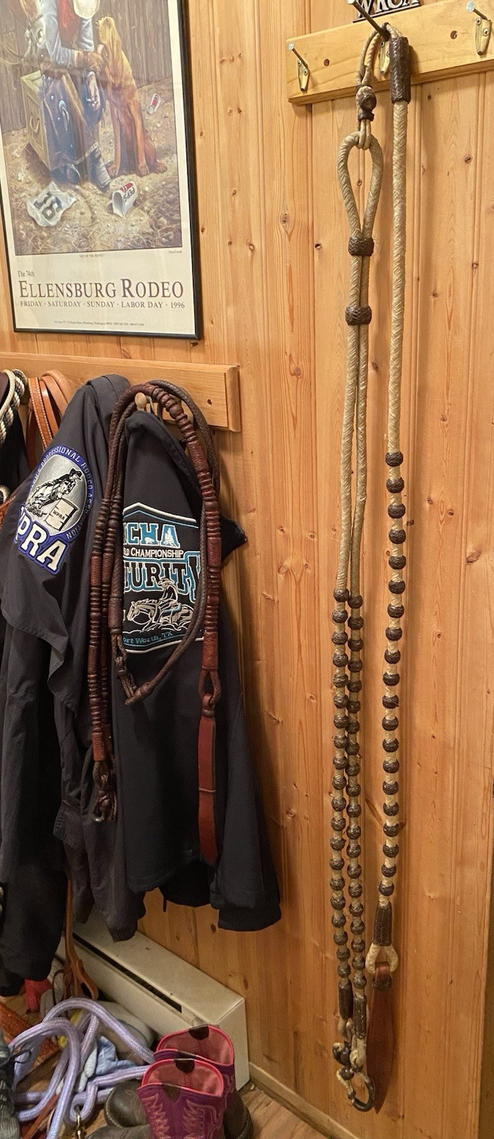 Vintage Western Braided Rawhide Romel / Romal Reins 60 Brown Buttons Vaquero