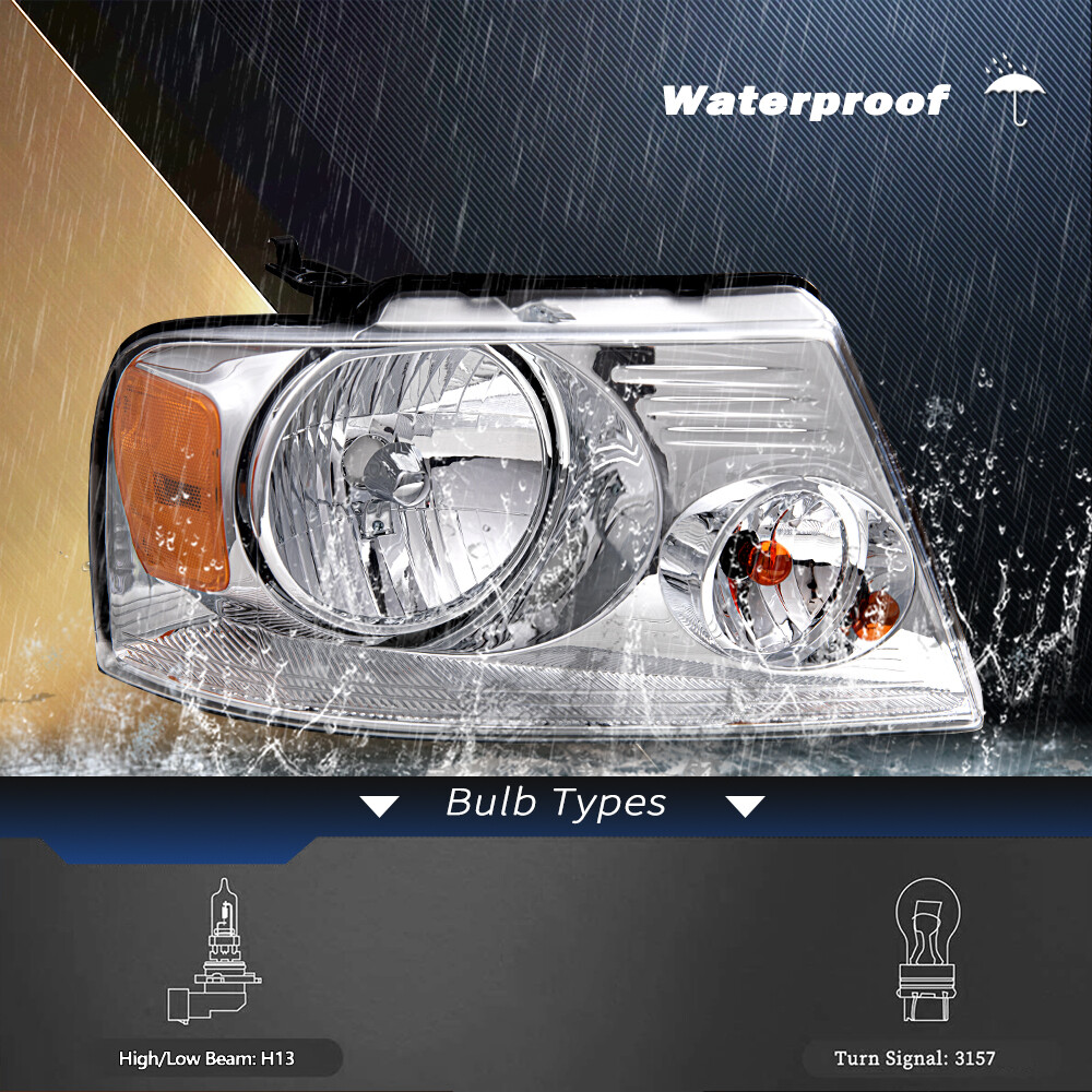Fit For 2004-2008 Ford F150 F-150 Chrome Amber Headlights Assembly Headlamps Set