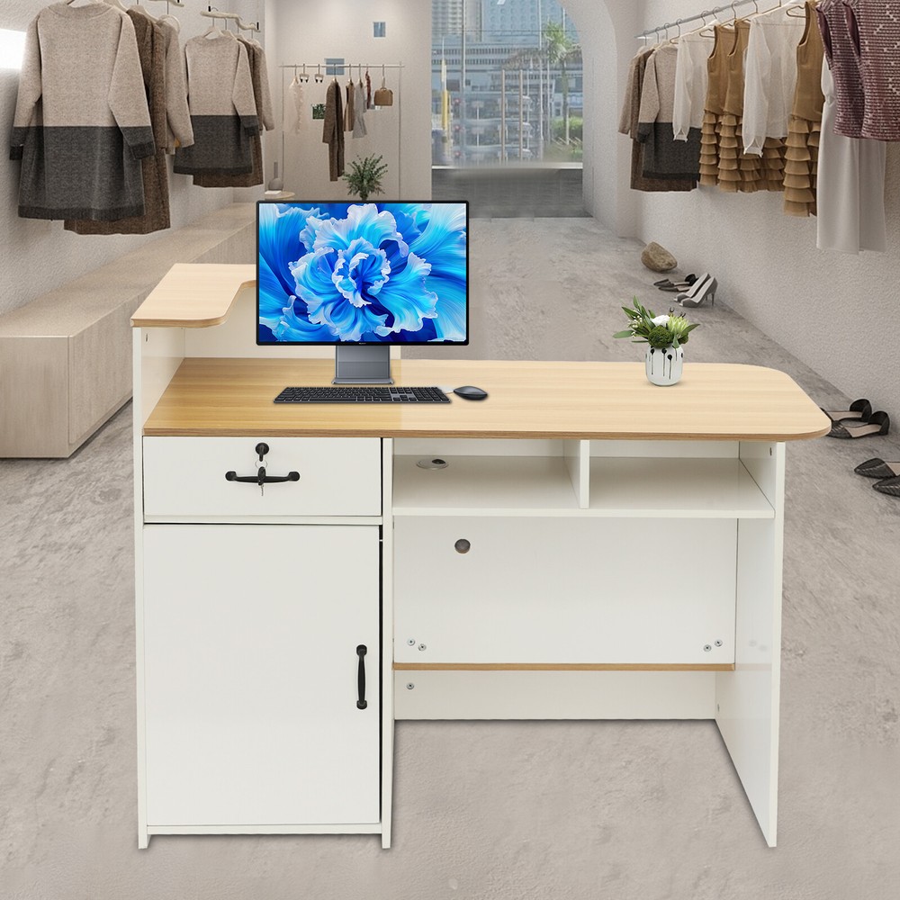 Rectangular Modern Reception Desk Reception Counter Table w/ Lockable Drawer