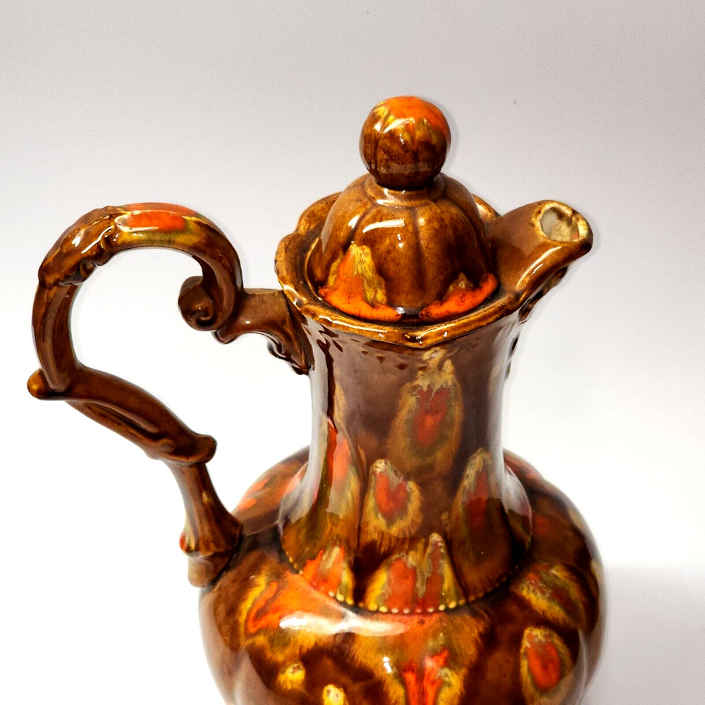 1969 HANDMADE 12.5” Glazed Pottery Pitcher With Lid - SIGNED & DATED On Bottom