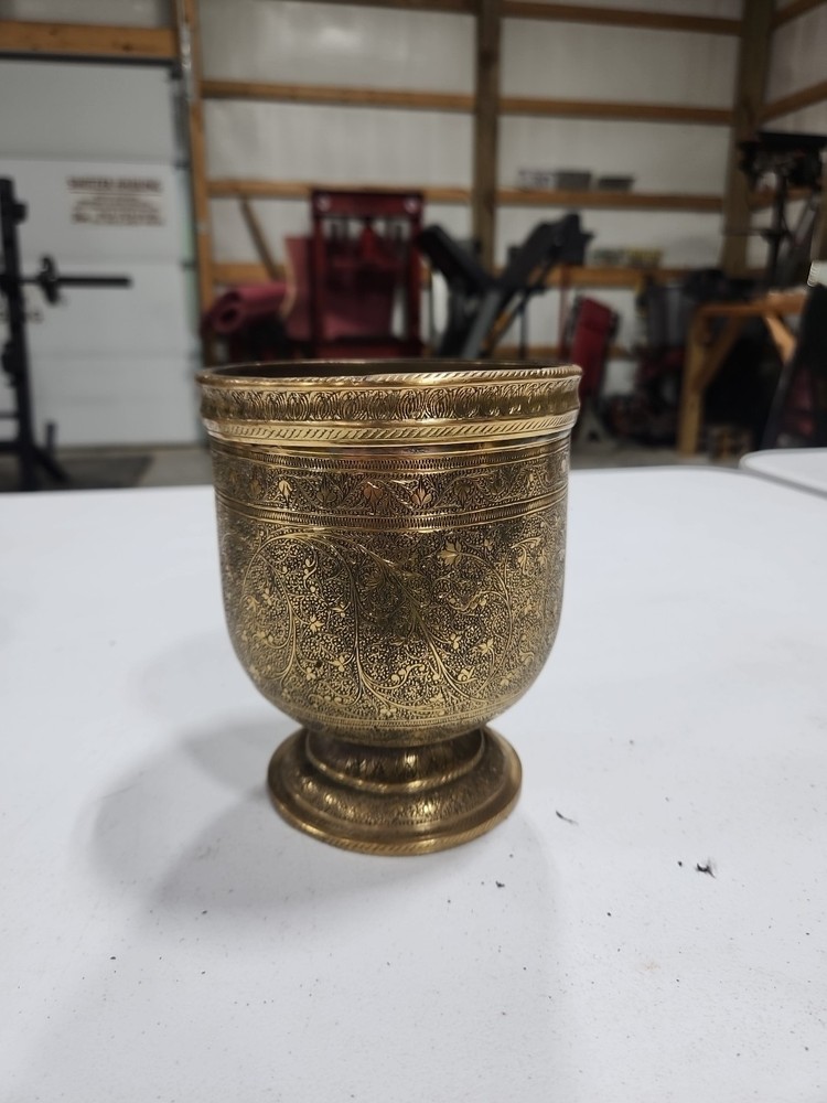 Antique Islamic Brass Basin Bowl engraved & Pierced Calligraphy Script c19th