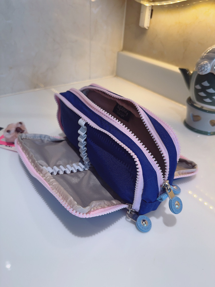 NEW Kipling Gitroy Pencil Case Cosmetic Case Blush blue Monkey Charm