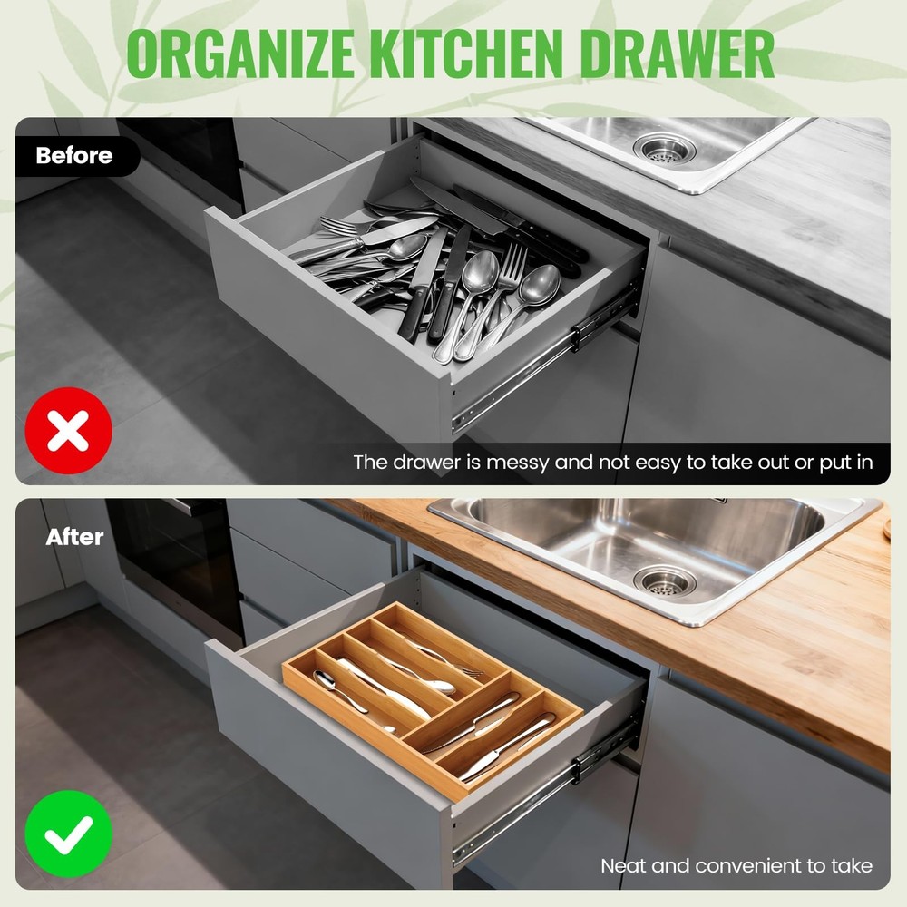 Bayting Bamboo Silverware Organizer, Kitchen Drawer Medium,