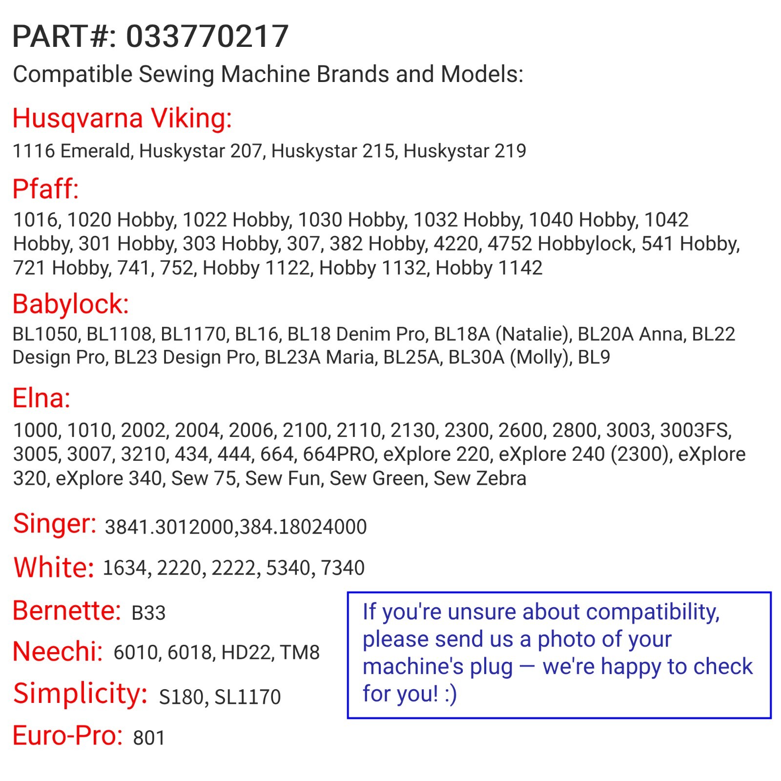 Foot Control Pedal Power Cord 033770217 Compatible with Janome Sewing Machine