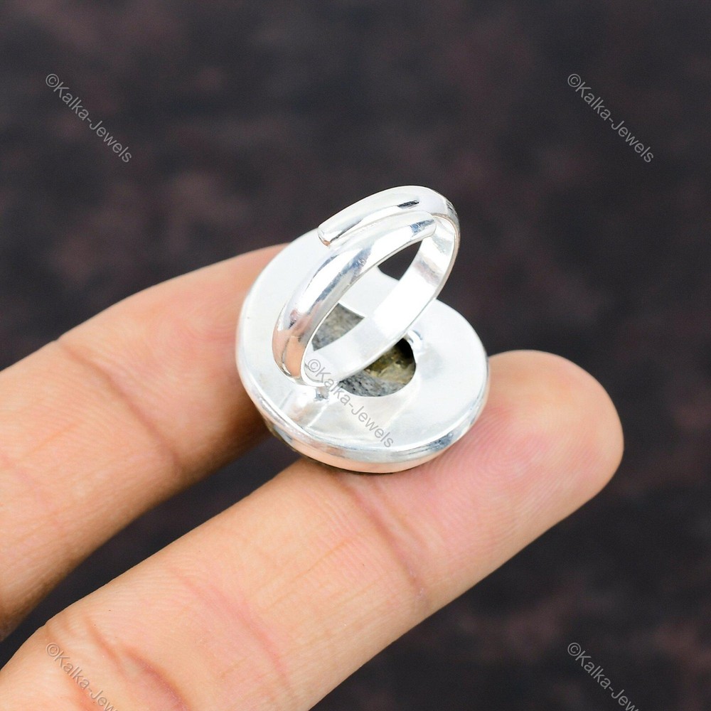 Natural Ammonite Fossil Gemstone Statement Adjustable Ring 925 Sterling Silver
