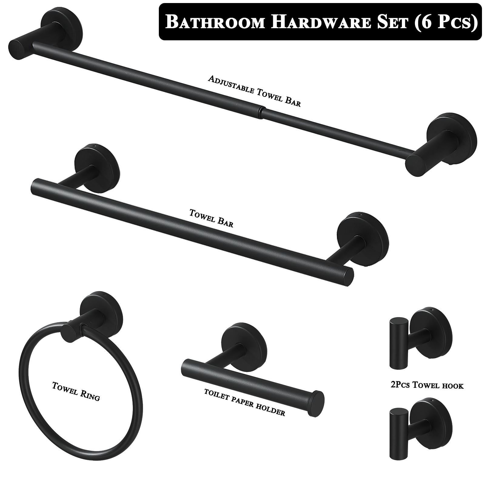 6 Pcs Black Bathroom Hardware Set Stainless Steel Towel Bar Towel Racks Hooks