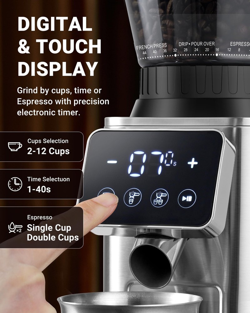AMZCHEF Coffee Grinder for Home, Precise Grinding, 24 Settings, LED Control