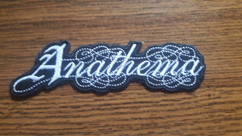 ANATHEMA,IRON ON WHITE EMBROIDERED PATCH