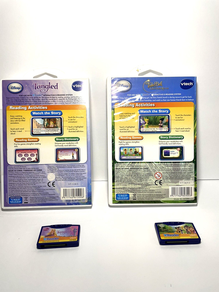 V-Tech V.Reader Interactive E Reading system games-(2 games) Tinkerbell- Tangled