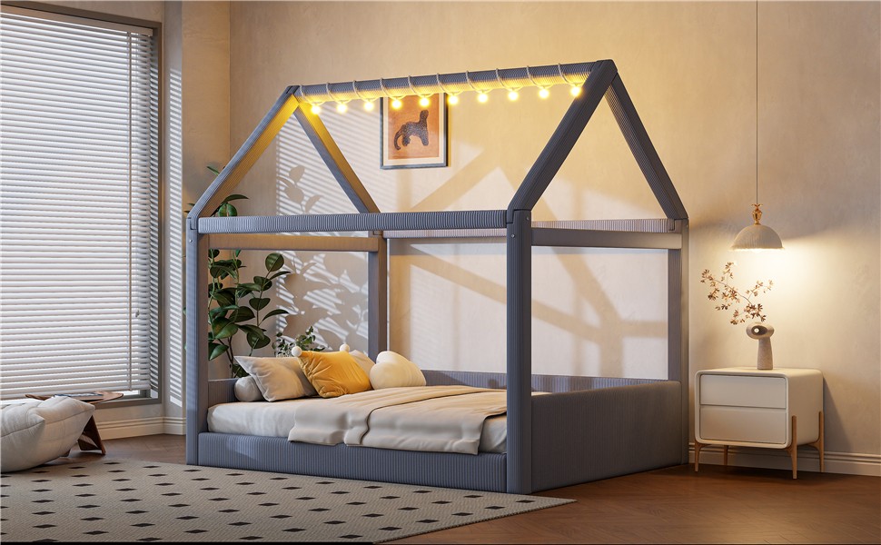Full Size Upholstered House Daybed with LED Light Strips,Grey
