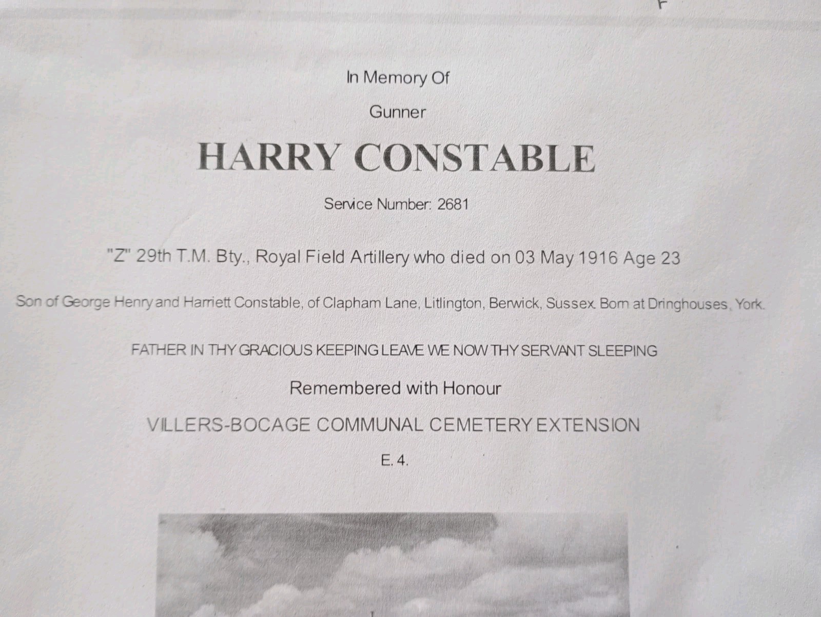 WW1 Memorial Scroll 1916 Casualty Gnr Harry Constable RFA Born In York