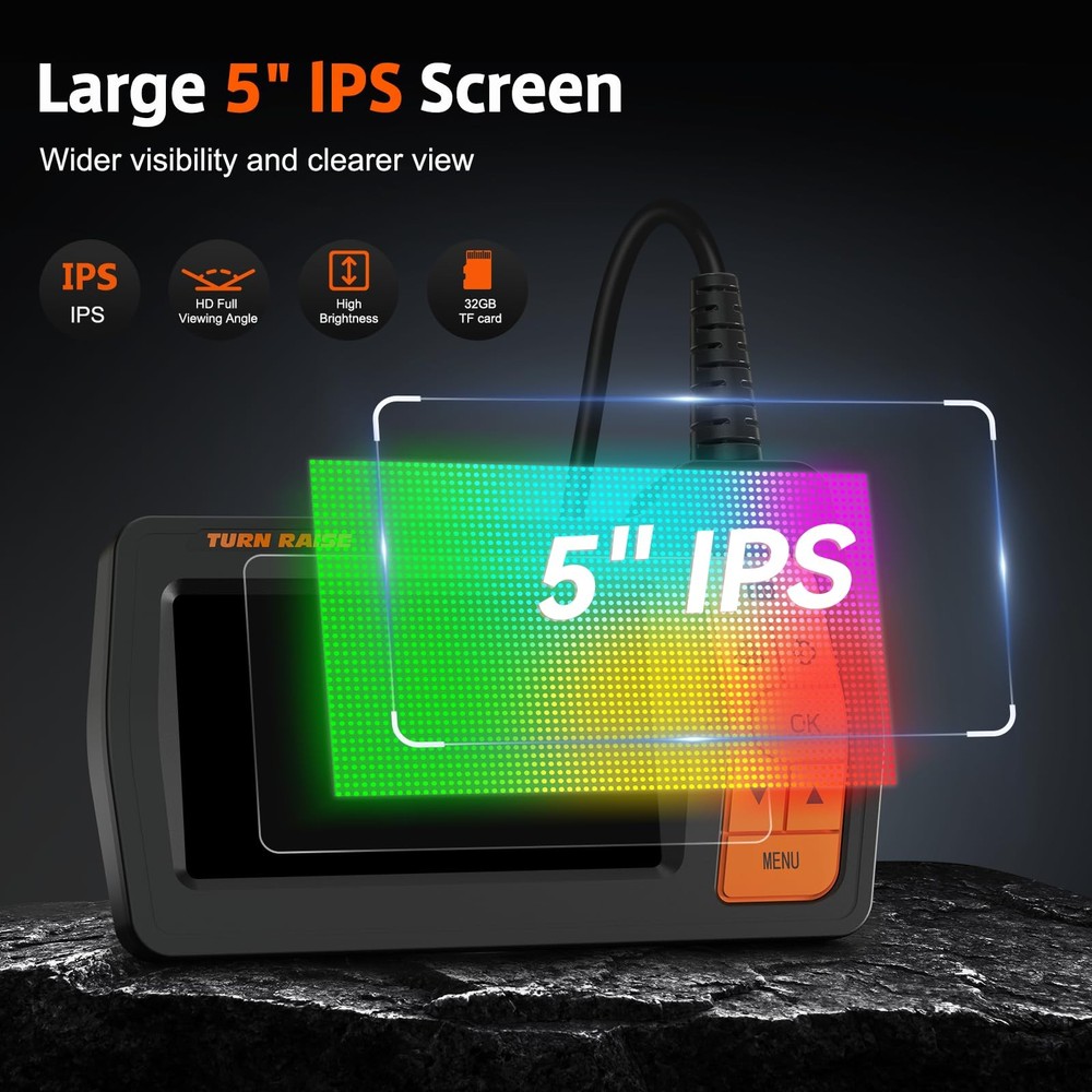 Triple Lens Inspection Drain Camera, 5" IPS Split Screen Borescope with Light...