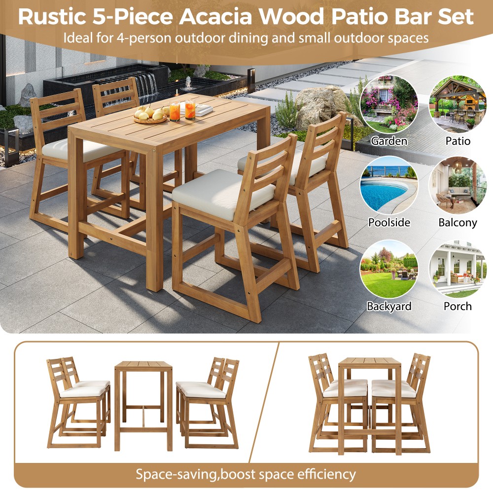 Rustic Patio Bar Set Table Chairs Dining Set Solid Wood Poolside Backyard Porch
