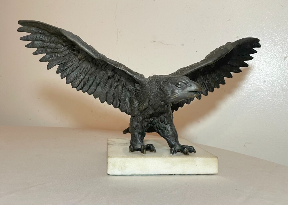 antique solid bronze marble open winged American bald eagle statue sculpture