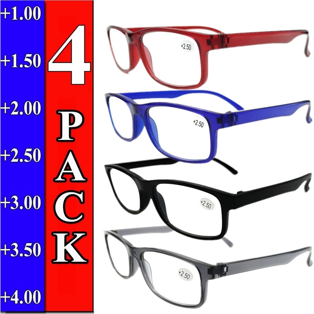 4 Pair Rectangular Spring Hinge Power Reading Reader Glasses For Mens Womens 1-4