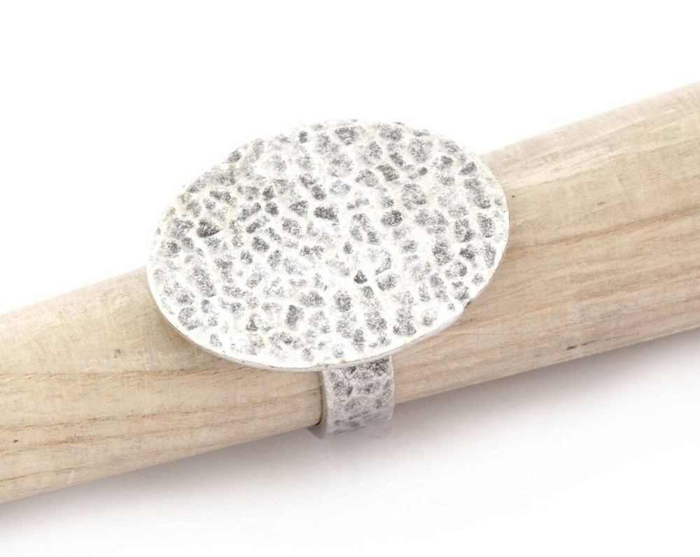 Oval Hammered Adjustable Ring Blank Bezel Base-Antique Silver Plated Brass 4935