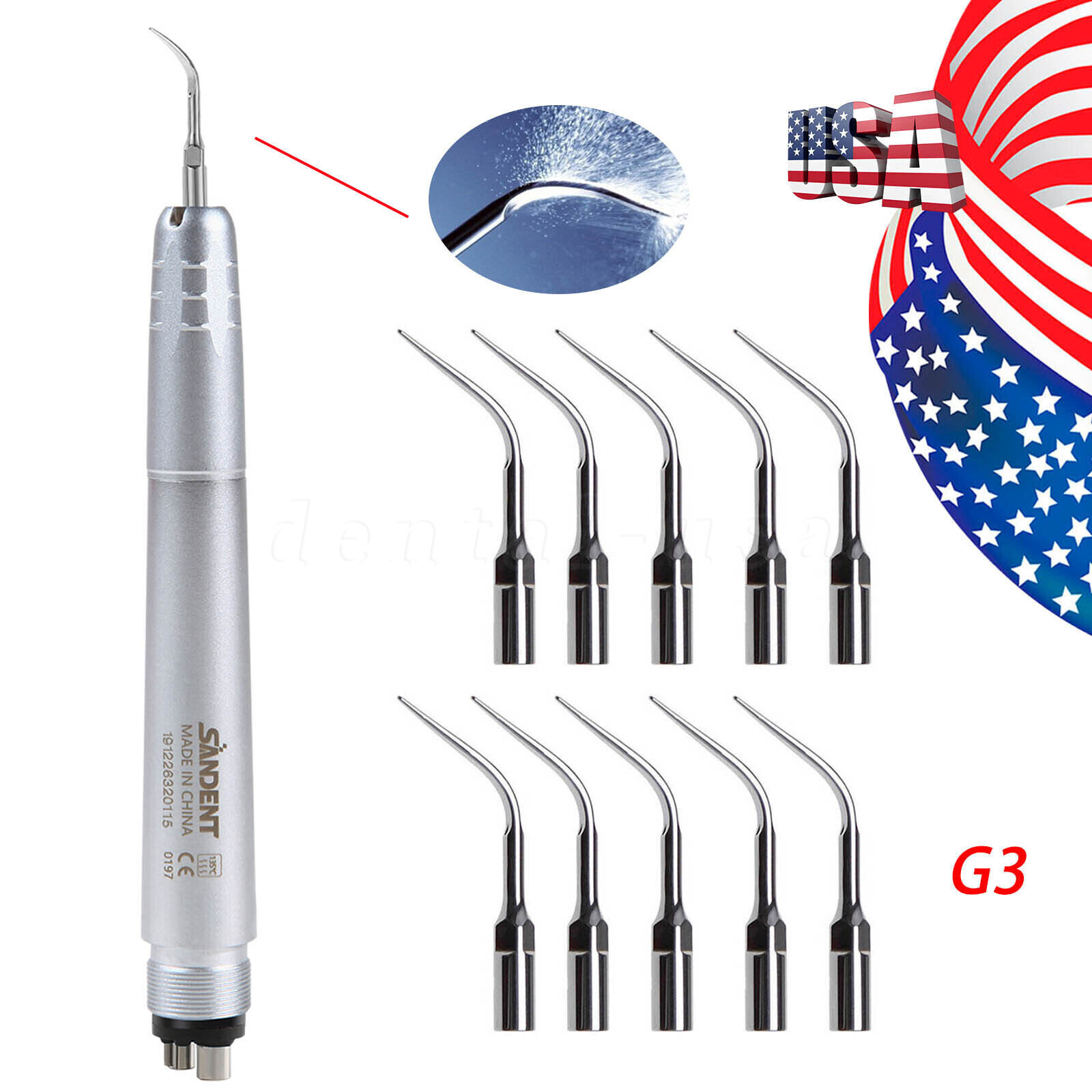 Dental Piezo Ultrasonic Air Scaler Handpiece Hygienist 4Holes With 3 Tips/ 10 G3
