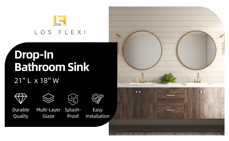 21"x18" White Drop-In Bathroom Sink Ceramic Rectangular 4" Centerset Faucet Hole