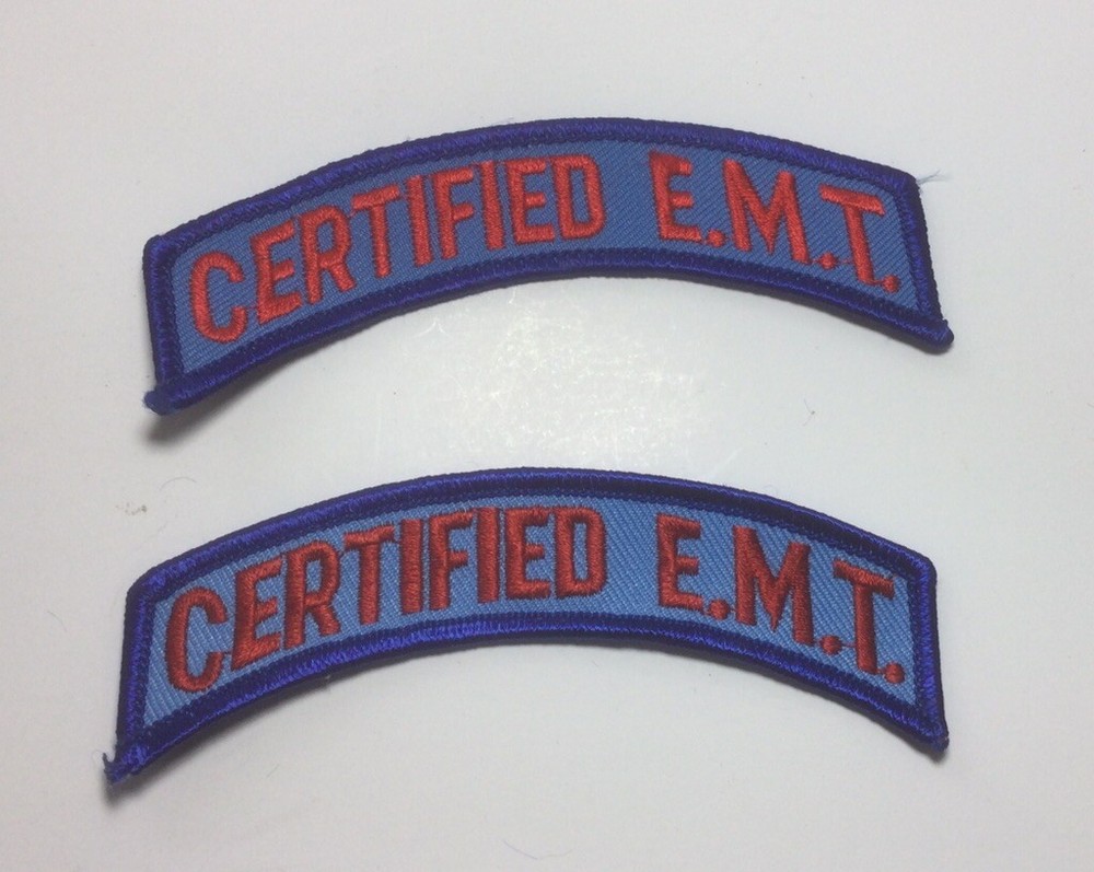 (2) "CERTIFIED E.M.T." Embroidered Upper Rocker Patch Blue and Red NOS 101