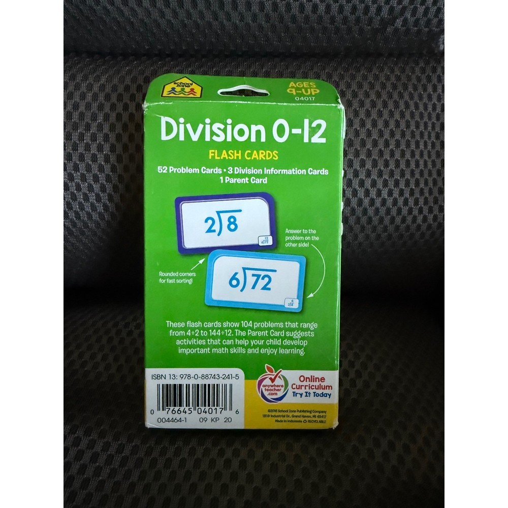 Division 0-12 Flash Cards Ages 9-Up Math Learning Educational