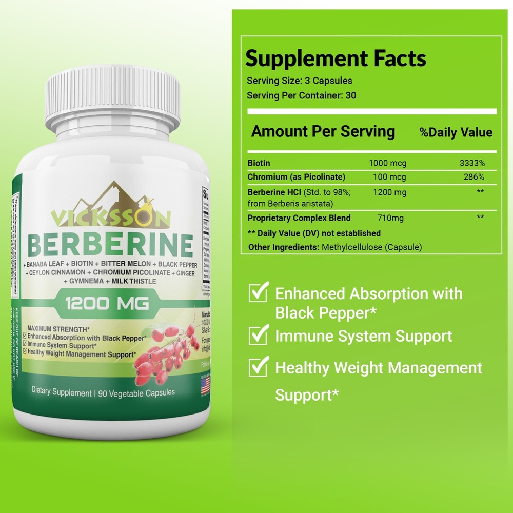 Vicksson Berberine Complex 1200mg Immune System, Weight Management 90Ct