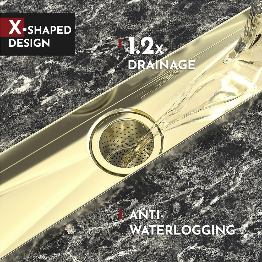 24" Linear Shower Drain, Gold Rectangular Floor Drain with accessories