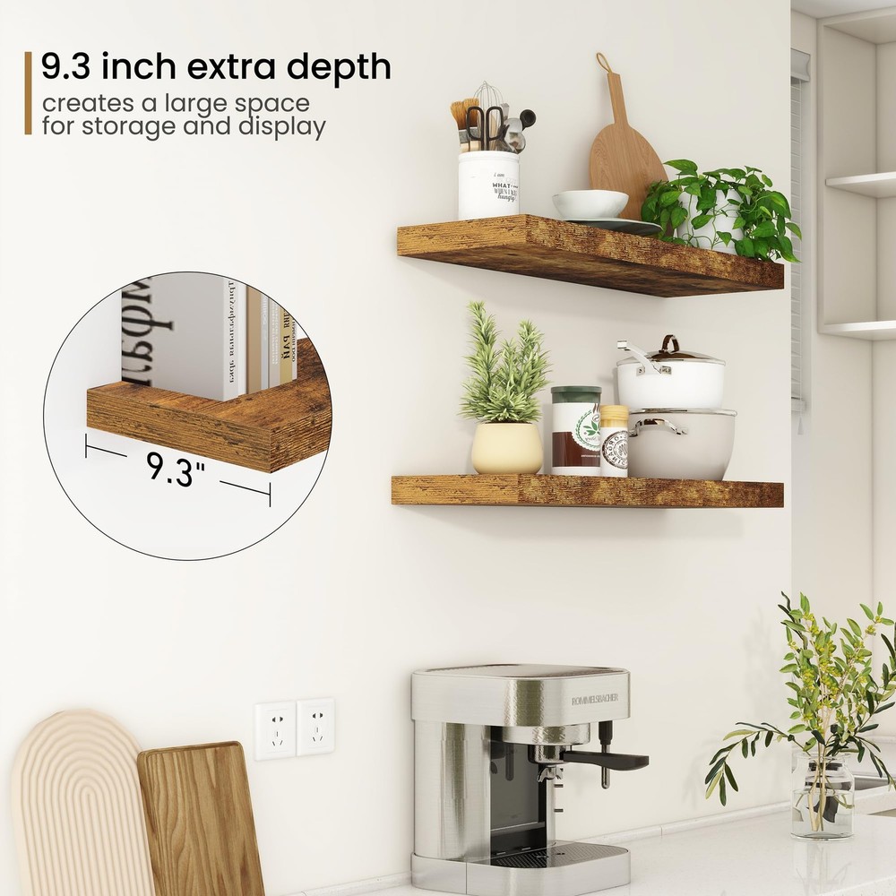 32Inch Floating Shelves, 9.3Inch Deep Rustic Wall Shelves - Extra Deeper & Th...