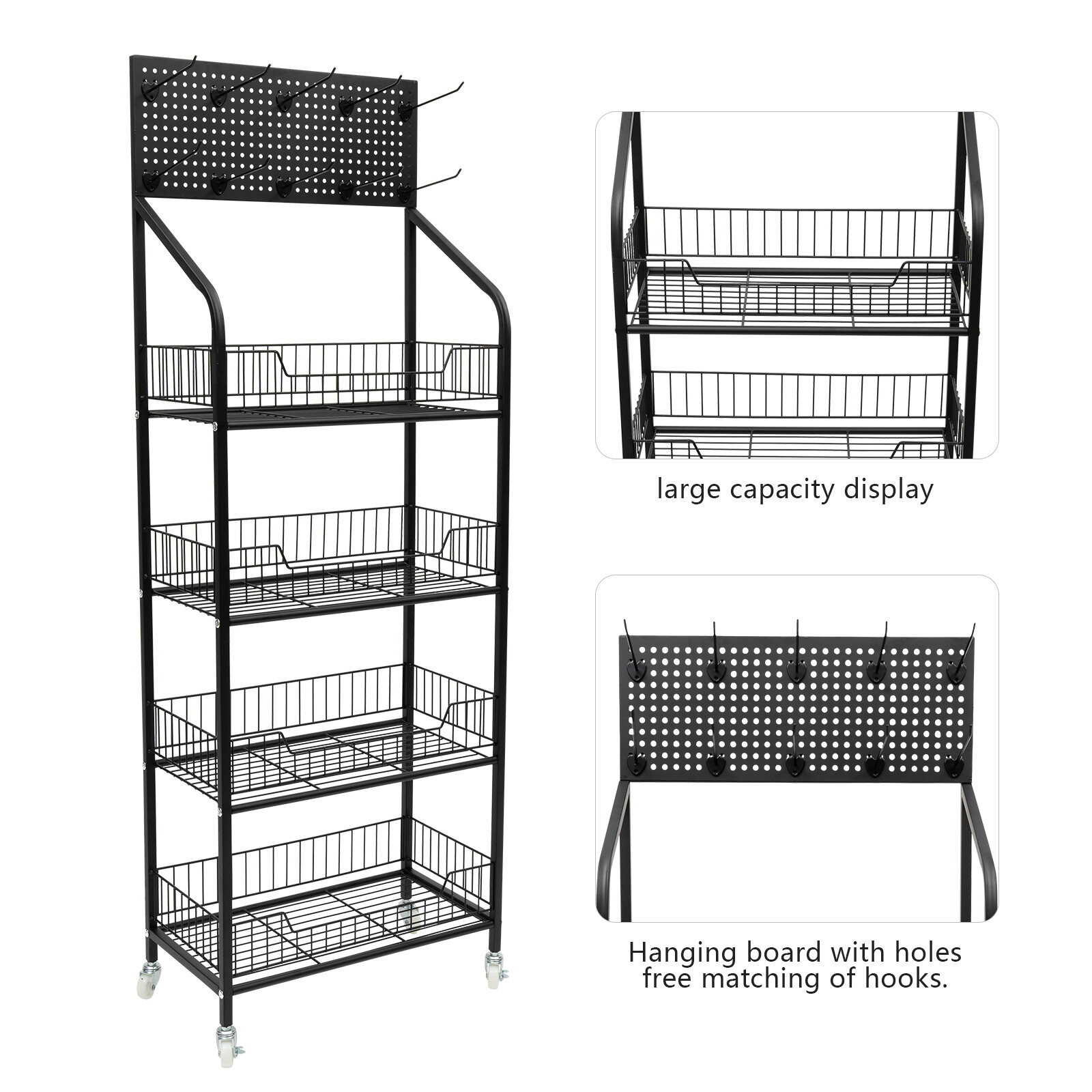 4 Tiers Retail Shop Display Rack Market Shelf Fruit Vegetable Snack Basket Black